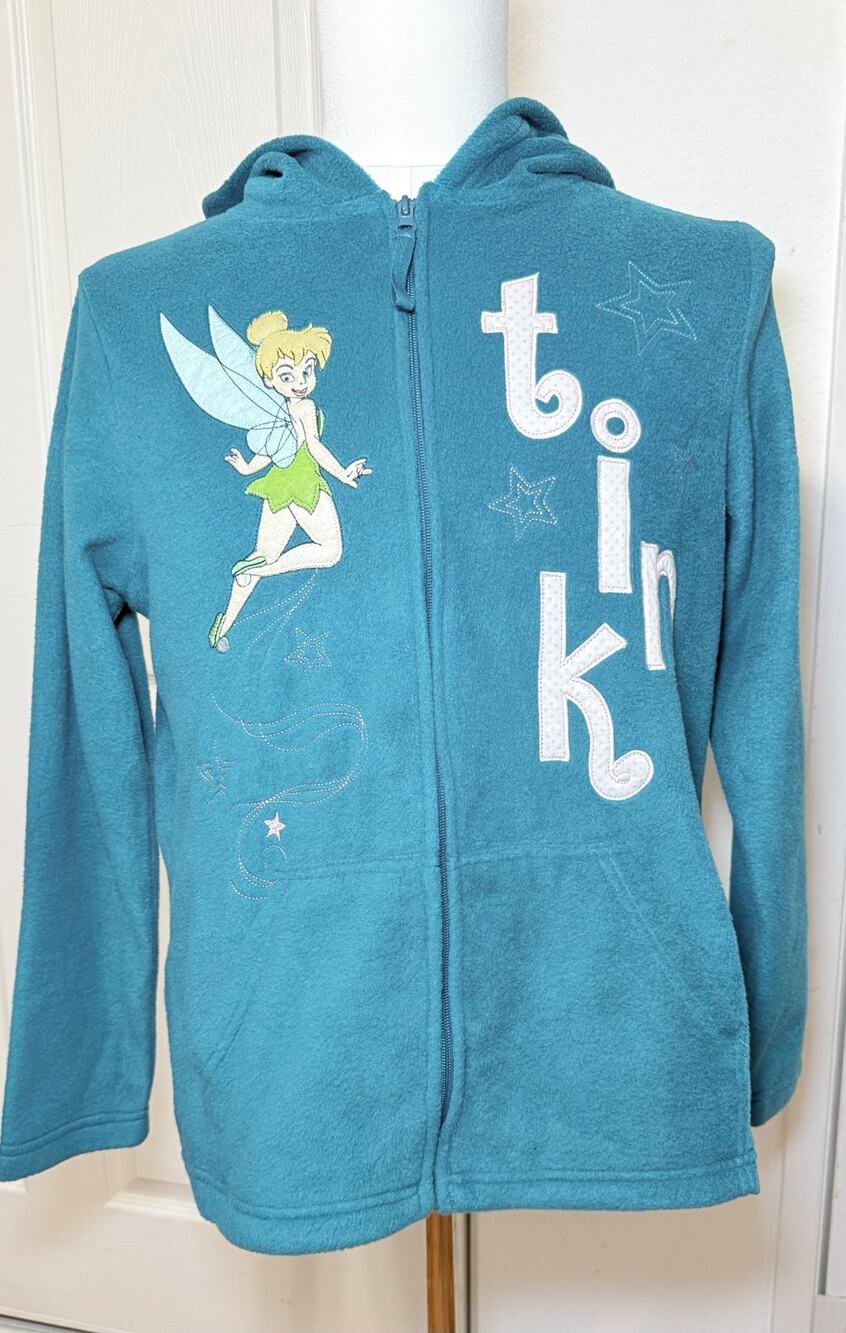 Disney Tinker Bell Teal Fleece Zip Hoodie Women’s M Embroidered Fairy Y2K